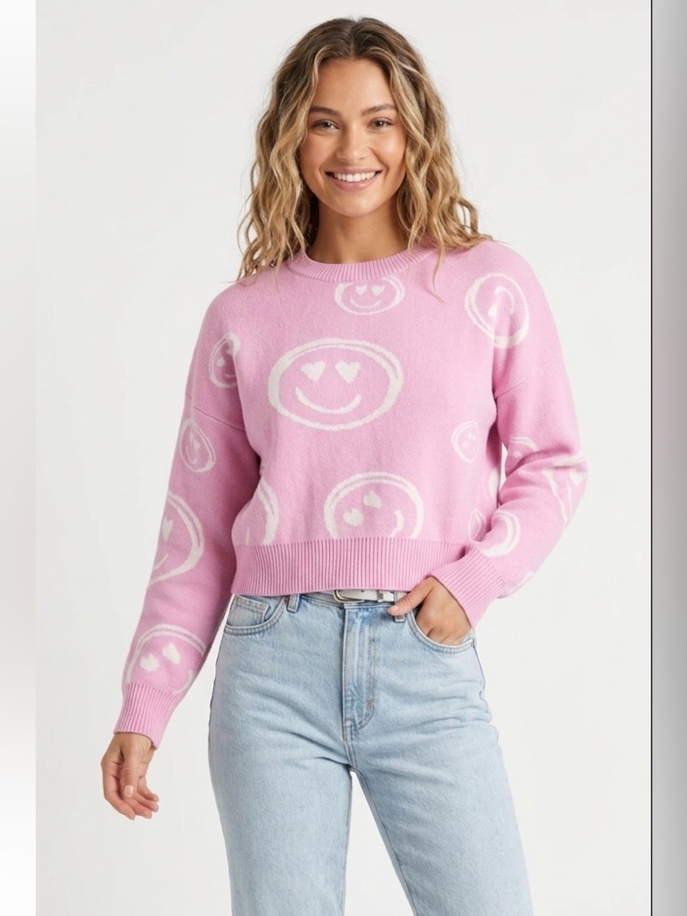 Dreamers by Debut Pink Smiley Knit Sweater Size Small Cropped